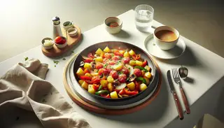 Vegan Italian breakfast skillet with potatoes, bell peppers, mushrooms in tomato sauce, garnished with vegan parmesan and basil, on a minimalist table.