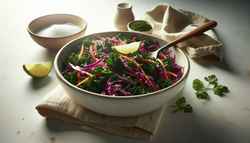 A vibrant Kenyan-inspired vegan salad in a light bowl, featuring kale, red cabbage, carrot, and onion, dressed in a glossy lemon-vinegar mix, garnished with cilantro, in natural light.