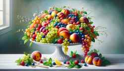 Imagine a scene of a beautifully set table featuring a vibrant display of assorted fruits, indicative of nature's bounty. Envision a white pristine platter adorned with a colorful mix of fresh berries, ripe peaches, and seedless grapes, all glistening with natural juice. The fruits appear tantalizingly sweet, their natural flavors accentuated by a light drizzle of lemon syrup, which is made from fresh lemon juice and maple syrup. The image's freshness is amplified by a garnish of fresh mint leaves, adding a pop of green and a whisper of herbal fragrance. The entire scene radiates a sense of summer, offering tastes of joy and satisfaction with just a glance.
