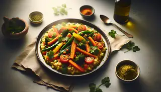 Vibrant plant-based breakfast of spiced, simmered millet with colorful vegetables and fresh cilantro, served in an elegant bowl under natural morning light.