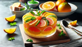 A fresh citrus fruit salad with mint leaves on a clean table, showcasing vibrant oranges, lemons, and grapefruit in a sugar syrup glaze.