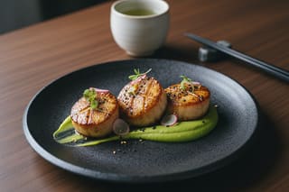 Miso-glazed king oyster mushroom scallops on vibrant edamame purée. Gourmet vegan Japanese plating on a matte black plate with micro-shiso.