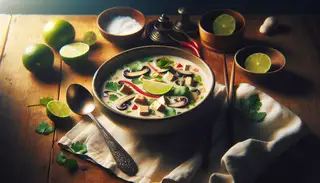 A cozy dinner scene with a bowl of vegan Thai Coconut Soup in a ceramic bowl, featuring mushrooms, red bell pepper, tofu, cilantro, and a lime wedge on a wooden table with a spoon and napkin, under warm lighting.