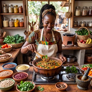 Nia in a colorful kitchen adorned with African art, preparing a vegan Ethiopian lentil stew.
