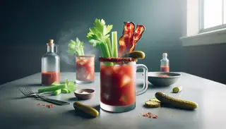 Vibrant Smoky BBQ Bloody Mary with celery, pickles, and vegan bacon on a clean, minimalist table setting