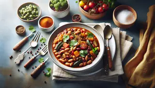 A vibrant, colorful vegan bean stew garnished with fresh cilantro, served in a minimalist table setting, emphasizing its rich spices and hearty vegetables.