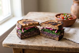 Gourmet vegan sandwich with purple bean filling, green leaves, and red onions on charred sourdough bread, served on a rustic wooden table.