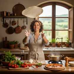 Isabella in a cozy, sunlit kitchen, tossing vegan pizza dough in a rustic setting.