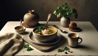 Refined dining setup featuring a bowl of African Spiced Coconut Latte Soup garnished with cilantro and coconut, beside a simple espresso cup, on a minimalist table.