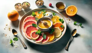 Envision a vibrant, appetizing breakfast scene set on a minimalist table. On a carefully arranged plate, see the lively hues of orange, grapefruit, and lemon slices take center stage. Their colors are vibrant and call out to your senses, complemented with a drizzle of honey that adds a luster of sweetness. Sprigs of fresh mint garnish the plate, adding a subtle aromatic distinction. A serving of granola or muesli is present, ready to bring a crunchy juxtaposition to the juicy citrus. Alongside the ritual of citrus, find a dollop of either plant-based yogurt or coconut yogurt, adding a creamy variant to the mix. This image represents an invigorating start to a day, filled with natural aesthetics and oozing with tantalizing flavors.