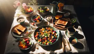 Imagine a cozy morning setting with sunlight streaming through the window, casting a warm glow on a vegan breakfast table. The centerpiece of the table is a plate filled with a vibrant mix of crumbled, slightly crisp tofu and colorful, tender vegetables, garnished with thinly sliced green onions and toasted sesame seeds. To complement this, there's a bowl of ripe berries and sliced tropical fruits, a few slices of toasted whole grain bread spread with plant-based butter, and a cup of freshly brewed coffee or herbal tea. Nearby, fresh flowers or a small potted plant enhance the scene. The image captures all these details from a slightly overhead angle, in soft, natural light.