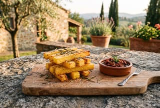 Tuscan Polenta Fries with Sun-Dried Tomato Tapenade Golden crispy polenta fries on a wooden board with a side of red sun-dried tomato tapenade and a sprig of rosemary.