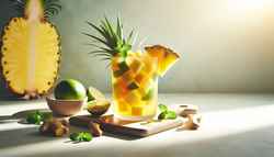 A glass of exotic vegan tropical drink with pineapple, mango, lime, ginger, agave, and mint on a clean table.