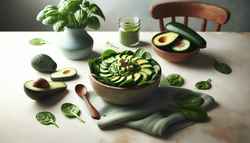 Vibrant green spinach, avocado, and cucumber blend on a pristine table, inviting a fresh and nutritious snack experience.