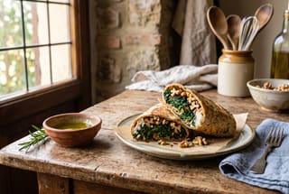 Walnuts and Wild Greens Piadina Wrap A rustic farro wrap filled with sautéed kale, toasted walnuts, and creamy vegan cheese, served on a wooden table in soft natural light.