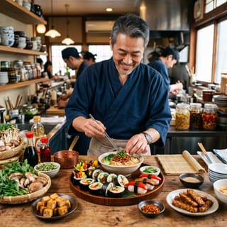 Hiroshi in a sleek, minimalist kitchen, preparing a vegan sushi platter.