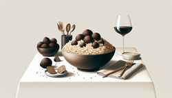 Exquisite Vegan Truffle Risotto in elegant bowl on minimalist table setting, embodying luxury and gourmet sophistication