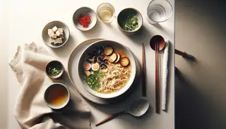 A minimalistic and inviting lunch scene featuring a bowl of Vegan Spicy Miso Ramen with savory broth, noodles, tofu, and mushrooms, exuding warmth and comfort.