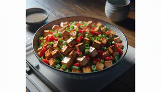 Image of an Asian-inspired American BBQ side dish featuring smoked tofu, red bell pepper, and green onions, sprinkled with sesame seeds, served in a stylish bowl on a bamboo background.