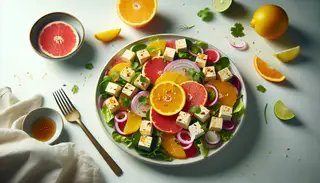 A fresh Citrus Tofu Salad with tofu cubes, red onion, citrus segments, and greens, dressed and garnished with sesame seeds on a minimalistic table.