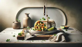 Image shows a Vegan Street Food Delight: a crispy tortilla wrap with tempeh and vegetables, garnished with cilantro and lime on a minimalist table.