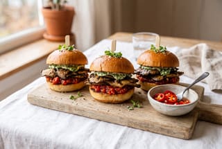 Smoky Adobo Mushroom Sliders with Charred Tomato Jam Three vegan mushroom sliders with charred tomato jam and green herb aioli on a wooden board under soft natural sunlight.