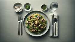 Vegan buttered linguine with herbed mushrooms on a clean, minimalistic table setting, showcasing a flavorful and inviting meal.