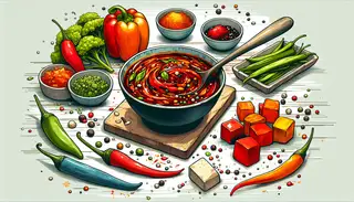 A vibrant, flavorful marinade in a small bowl, surrounded by colorful vegetables and marinated tofu cubes, evoking anticipation of spicy heat.