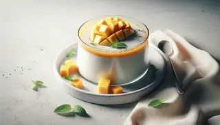 Vegan mango and coconut panna cotta, garnished with fresh mango slices and mint, presented elegantly on a simple, minimalist table.