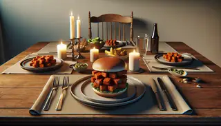 Cozy and inviting dinner scene with a Vegan BBQ Jackfruit Sandwich as the star dish, set in a minimalistic, clean table setting.