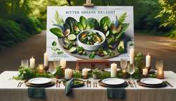 Outdoor dinner setting with Bitter Greens Delight vegan gourmet dish, showcasing vibrant greens and aromatic flavors in elegant simplicity.