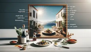 A beautifully plated vegan Italian dish, drizzled with soy sauce, maple syrup, balsamic vinegar, oregano, and smoked paprika, set in a Mediterranean-inspired dining scene.