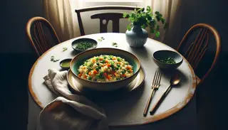 Image of a creamy, vegan Asian-style risotto in an elegant bowl, garnished with carrots, bell peppers, and green onions on a simple table with a small vase of cilantro.
