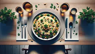 A visually enticing umami dinner: a delicious vegan risotto, creamy and savory, adorned with fresh parsley. A minimalistic table setting creates a welcoming atmosphere for a novel dining experience.
