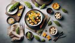 Minimalistic table setting with bitter melon slices and tofu cubes, a fusion of traditional Asian and contemporary vegan cuisine.