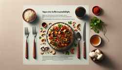 A minimalist table setting highlighting a vibrant Vegan Sticky Buffet-Inspired Delight, featuring jasmine rice with colorful vegetables and a soy-maple sauce, garnished with cashews and cilantro.