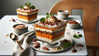 Vibrant vegan African-inspired layered sweet potato and coconut pudding with pecans and mint, on a minimalistic table setting.