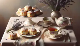 Elegant vegan Earl Grey scones with lavender-lemon glaze on a porcelain plate, beside a floral teacup of tea, set against a floral cloth and lavender centerpiece.