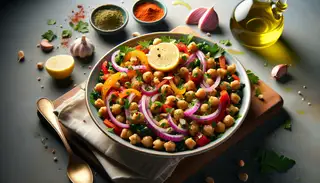 Image of a colorful Mediterranean meze dish, featuring chickpeas, red onions, bell peppers, and parsley, dressed in olive oil and spices, garnished with almonds and tahini-maple dressing.