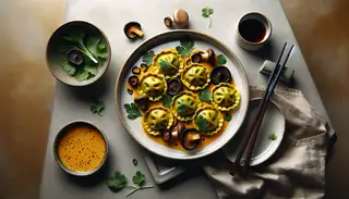 Minimalist dining table with vibrant turmeric-infused vegan ravioli, topped with shiitake and coriander, beside a glossy dipping sauce, under good lighting.