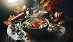 Autumn dining table featuring vibrant vegan vegetable soup, evoking warmth and comfort in a serene setting