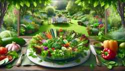 Picture a serene garden oasis with bountiful greenery and a beautifully set table at the center, waiting for you. The table is lavishly adorned with a variety of fresh greens, a plethora of colorful vegetables, and an assortment of aromatic herbs. A visually stunning salad, alive with diverse flavors and textures, serves as the centerpiece. Imagine standing there, feeling the soft blades of grass under your feet and the gentle breeze playing with the leaves. This is a visual representation of a grassy lunch, a tribute to the richness of nature and a feast for your senses. See yourself savoring this refreshing, nutritious salad, letting its taste take you to a gastronomic paradise.