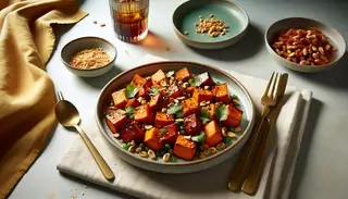 Vibrant 'Candied Ethnic Cuisine Vegan Delight' with roasted sweet potato and caramelized jackfruit, garnished with peanuts and cilantro on a minimalist table.