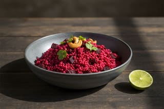 Vibrant magenta smoked beetroot and fonio pilau with toasted cashews in a rustic bowl. Minimalist African-inspired vegan gourmet culinary photography.