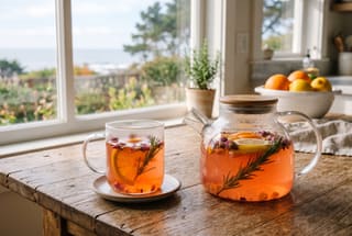 Ojai Golden Hour Simmered Tea Vibrant orange-pink citrus tea in a glass mug on a sunlit wooden table with sliced tangerines and rosemary.