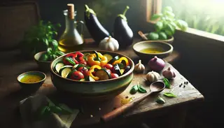 Vegan ratatouille in a ceramic bowl on a rustic table, surrounded by fresh ingredients, with a garden backdrop and natural lighting.