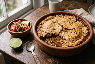 Swahili Coast Njahi and Teff-Crusted Battered Casserole A golden-crusted vegan casserole in a clay pot, served with a side of fresh tomato-onion relish and lime on a rustic wooden table.