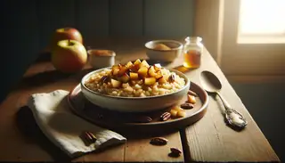 Vegan Caramel Apple Risotto in a shallow bowl on a wooden table, with pecans and cinnamon, under soft, warm light.