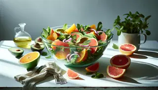 Fresh citrusy vegan salad in a glass bowl with orange, grapefruit, avocado, red onion, and mint on a light wood table, bathed in natural light.