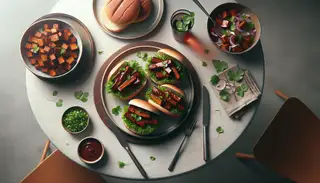 Minimalistic dinner table with a vegan barbecue feast, featuring caramelized jackfruit and seitan on vegan buns, garnished with fresh cilantro and red onions.